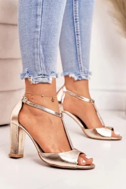 Damskie Laura Messi Skórzane Sandały Na Słupku 1916 Złote