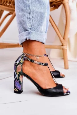Damskie Laura Messi Skórzane Sandały Na Słupku 1916 Wzór Zwierzęcy Czarne