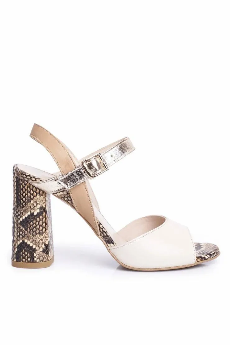 Outlet Laura Messi Skórzane Sandały Na Słupku 2136 Złoto Beżowe