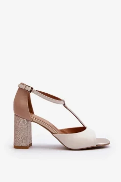 Sale Laura Messi Skórzane Sandały Na Słupku 2759 Beżowe Beżowy