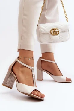 Sale Laura Messi Skórzane Sandały Na Słupku 2759 Beżowe Beżowy