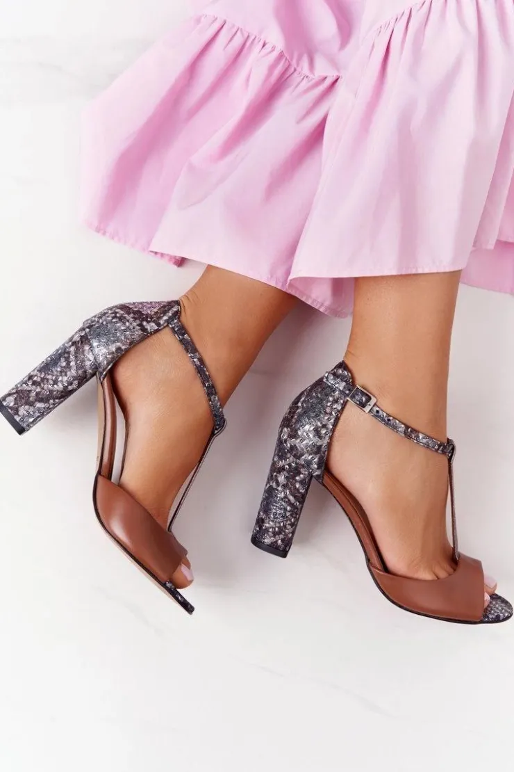 Damskie Laura Messi Skórzane Sandały Na Słupku 1916 Brązowe