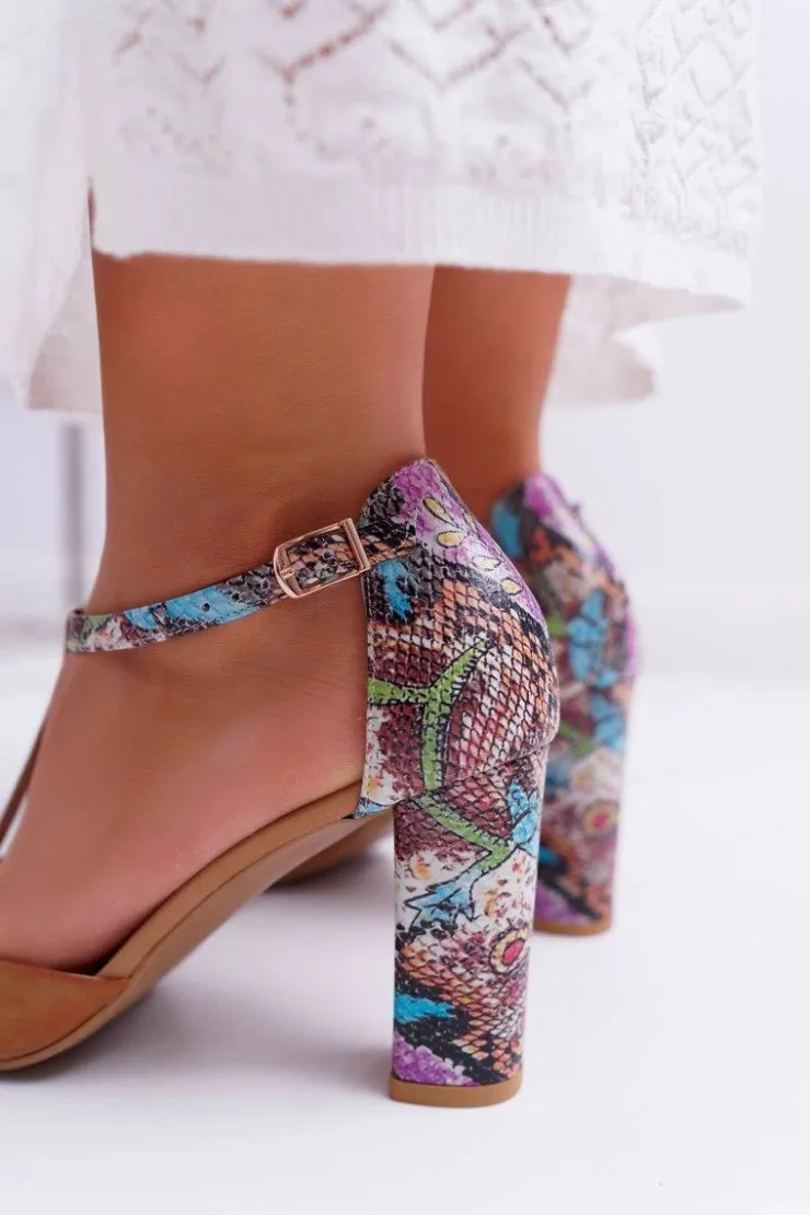 Damskie Laura Messi Skórzane Sandały Na Słupku 1916 Wzór Zwierzęcy Brązowe