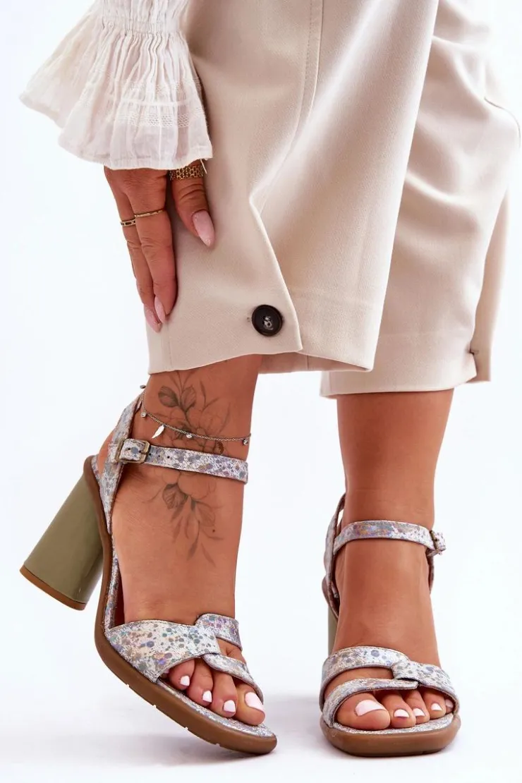 Online Maciejka Skórzane Sandały Na Słupku 06029-24 Biało-Zielone Biały