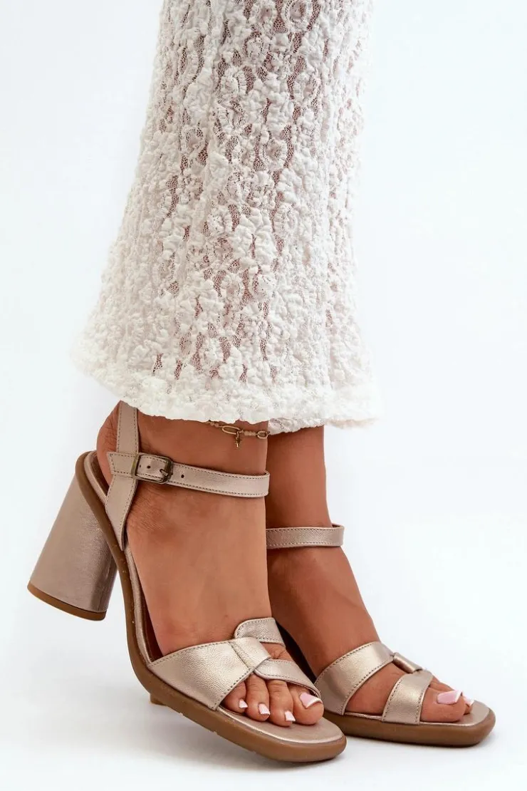 Damskie Maciejka Skórzane Sandały Na Słupku 06029-25 Złote