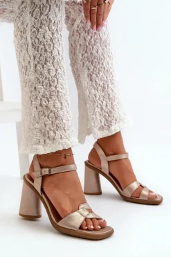 Damskie Maciejka Skórzane Sandały Na Słupku 06029-25 Złote