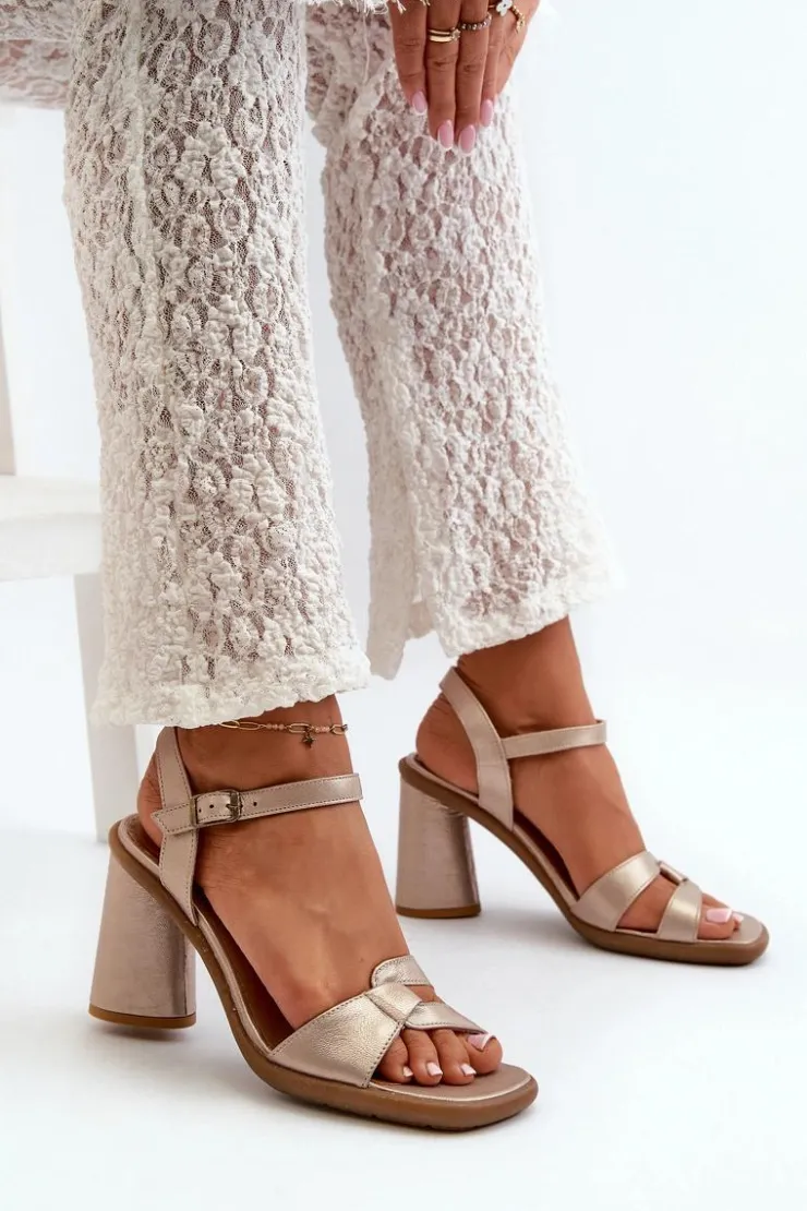 Damskie Maciejka Skórzane Sandały Na Słupku 06029-25 Złote