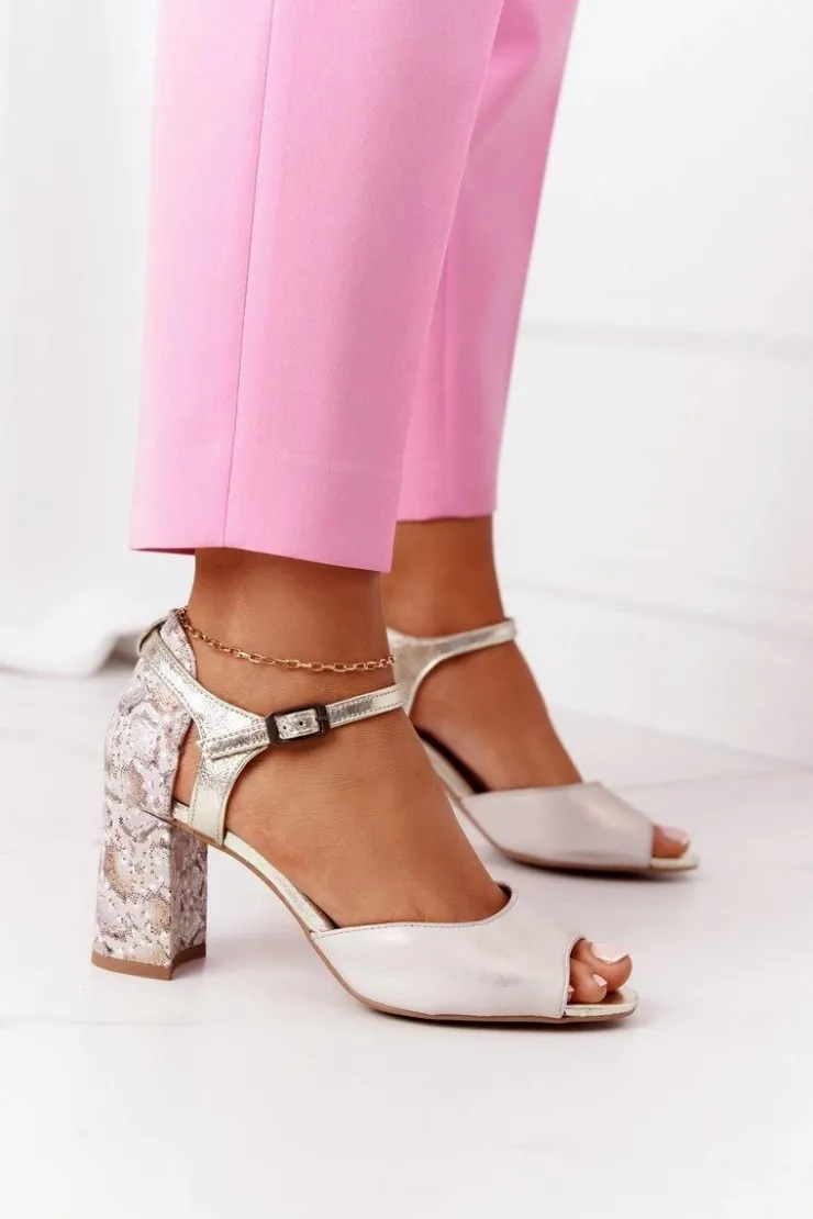 Damskie Maciejka Skórzane Sandały Na Słupku 04956-25 Złote