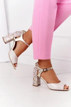 Damskie Maciejka Skórzane Sandały Na Słupku 04956-25 Złote