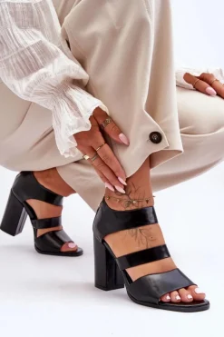 Damskie Boto Skórzane Sandały Na Słupku S.Barski 80-4 Czarne