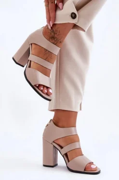 Damskie Boto Skórzane Sandały Na Słupku S.Barski 80-4 Beżowe