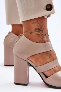 Damskie Boto Skórzane Sandały Na Słupku S.Barski 80-4 Beżowe