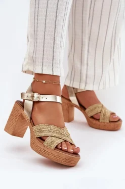 Zazoo Sandały Na Słupku|Sandały Na Obcasie*Skórzane Sandały Na Słupku Z Plecionką Na Paskach 40460 Złote Złoty