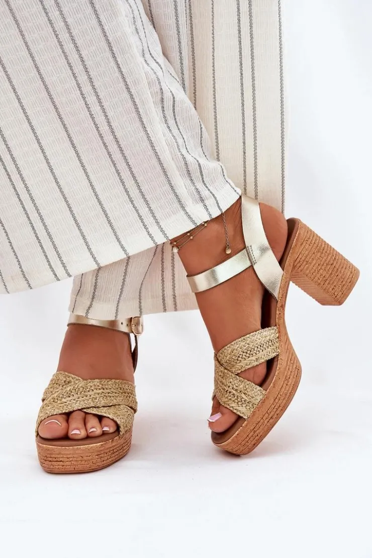 Zazoo Sandały Na Słupku|Sandały Na Obcasie*Skórzane Sandały Na Słupku Z Plecionką Na Paskach 40460 Złote Złoty