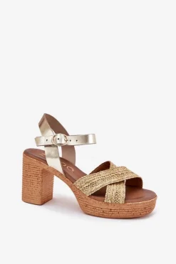 Zazoo Sandały Na Słupku|Sandały Na Obcasie*Skórzane Sandały Na Słupku Z Plecionką Na Paskach 40460 Złote Złoty