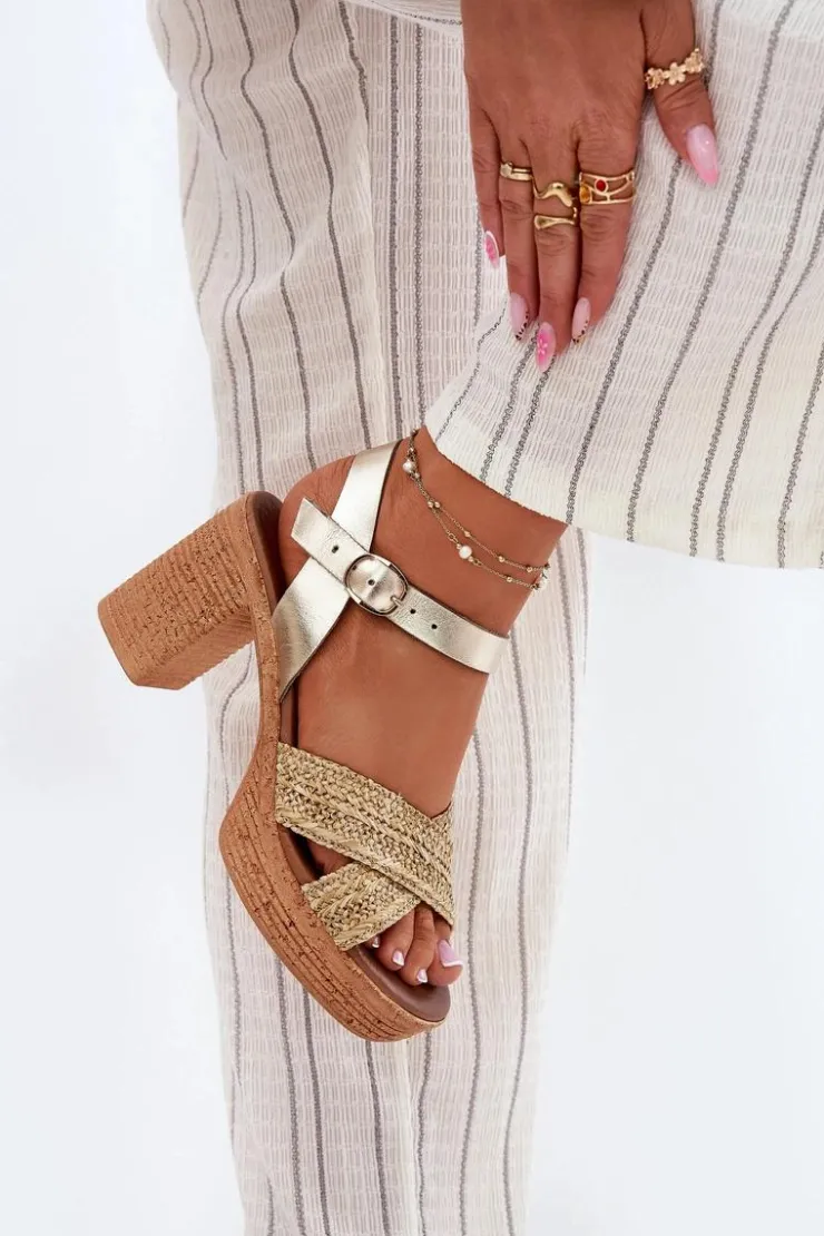 Zazoo Sandały Na Słupku|Sandały Na Obcasie*Skórzane Sandały Na Słupku Z Plecionką Na Paskach 40460 Złote Złoty