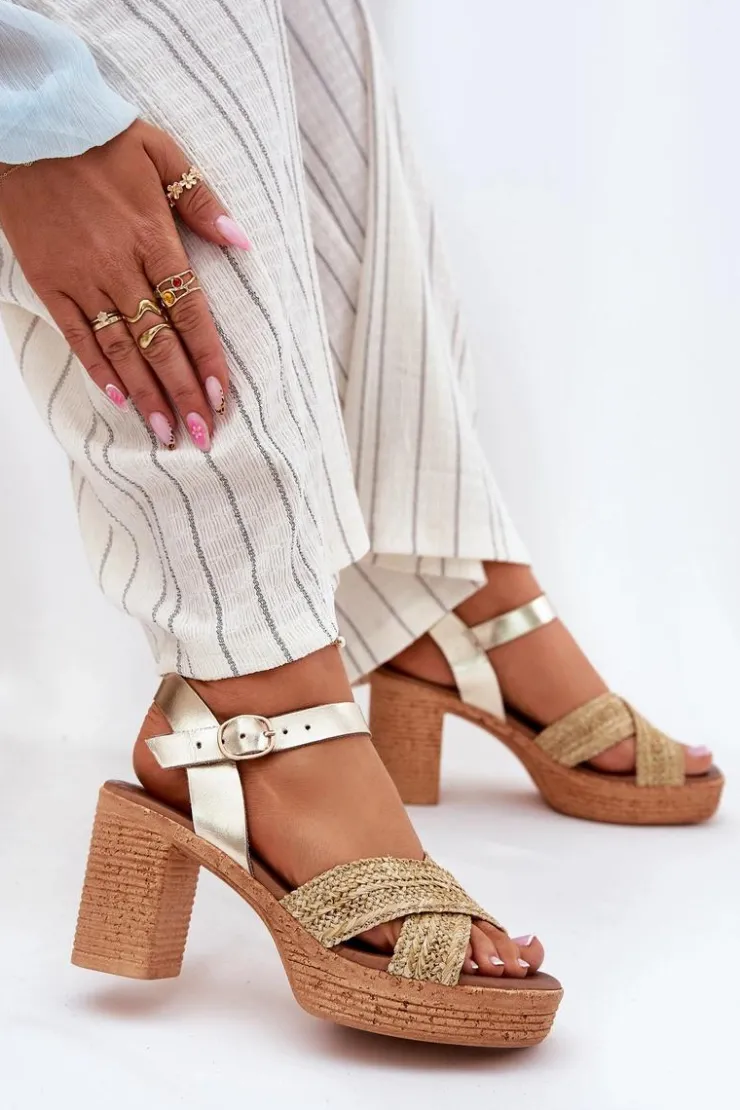 Zazoo Sandały Na Słupku|Sandały Na Obcasie*Skórzane Sandały Na Słupku Z Plecionką Na Paskach 40460 Złote Złoty