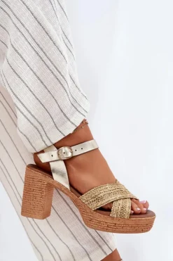 Zazoo Sandały Na Słupku|Sandały Na Obcasie*Skórzane Sandały Na Słupku Z Plecionką Na Paskach 40460 Złote Złoty