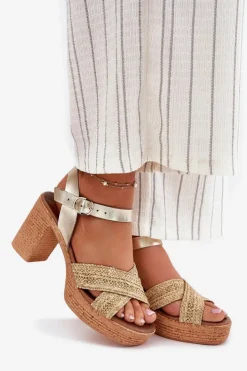 Zazoo Sandały Na Słupku|Sandały Na Obcasie*Skórzane Sandały Na Słupku Z Plecionką Na Paskach 40460 Złote Złoty