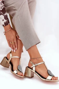 Damskie buty S.Barski Skórzane Sandały Na Słupku Z Ozdobą D&A JC51-842 Złote Złoty