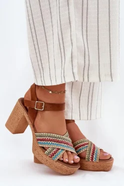 New Zazoo Skórzane Sandały Na Słupku Z Plecionką Na Paskach 40460 Brązowe Brązowy