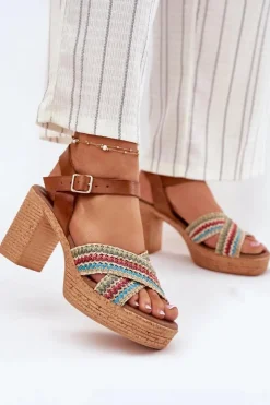 New Zazoo Skórzane Sandały Na Słupku Z Plecionką Na Paskach 40460 Brązowe Brązowy