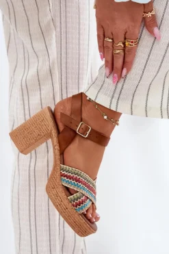 New Zazoo Skórzane Sandały Na Słupku Z Plecionką Na Paskach 40460 Brązowe Brązowy