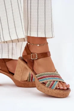 New Zazoo Skórzane Sandały Na Słupku Z Plecionką Na Paskach 40460 Brązowe Brązowy