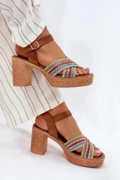 New Zazoo Skórzane Sandały Na Słupku Z Plecionką Na Paskach 40460 Brązowe Brązowy