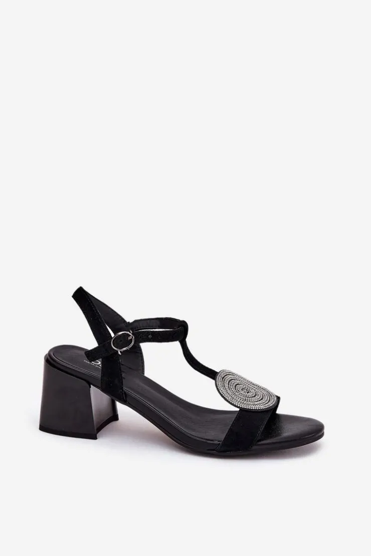 Damskie buty S.Barski Sandały Na Słupku|Sandały Na Obcasie*Skórzane Sandały Na Słupku Z Ozdobą D&A JC51-842 Czarne Czarny