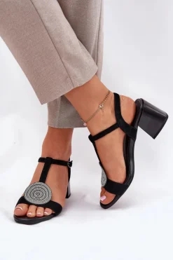 Damskie buty S.Barski Sandały Na Słupku|Sandały Na Obcasie*Skórzane Sandały Na Słupku Z Ozdobą D&A JC51-842 Czarne Czarny