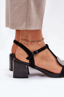 Damskie buty S.Barski Sandały Na Słupku|Sandały Na Obcasie*Skórzane Sandały Na Słupku Z Ozdobą D&A JC51-842 Czarne Czarny