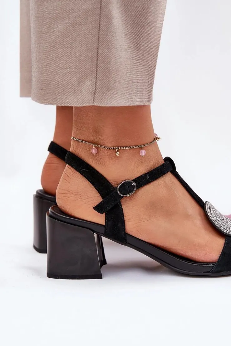 Damskie buty S.Barski Sandały Na Słupku|Sandały Na Obcasie*Skórzane Sandały Na Słupku Z Ozdobą D&A JC51-842 Czarne Czarny