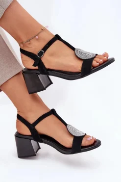 Damskie buty S.Barski Sandały Na Słupku|Sandały Na Obcasie*Skórzane Sandały Na Słupku Z Ozdobą D&A JC51-842 Czarne Czarny