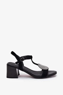 Damskie buty S.Barski Sandały Na Słupku|Sandały Na Obcasie*Skórzane Sandały Na Słupku Z Ozdobą D&A JC51-842 Czarne Czarny