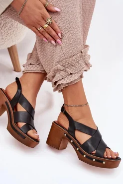 Damskie Zazoo Skórzane Sandały Na Słupku 1081 Czarne