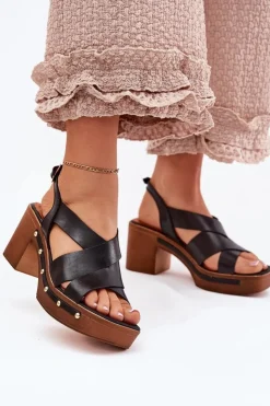 Damskie Zazoo Skórzane Sandały Na Słupku 1081 Czarne