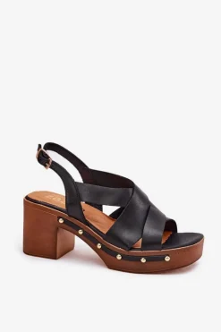 Damskie Zazoo Skórzane Sandały Na Słupku 1081 Czarne