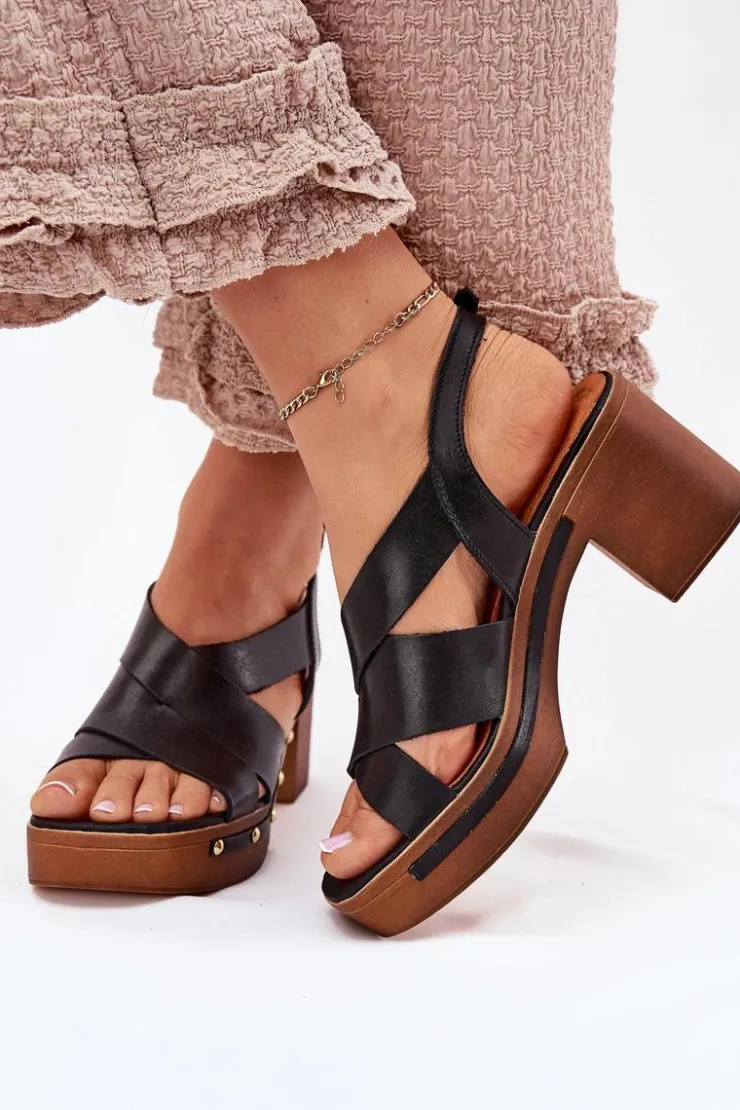 Damskie Zazoo Skórzane Sandały Na Słupku 1081 Czarne