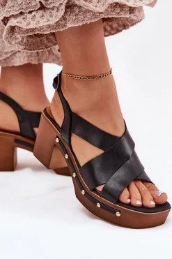 Damskie Zazoo Skórzane Sandały Na Słupku 1081 Czarne