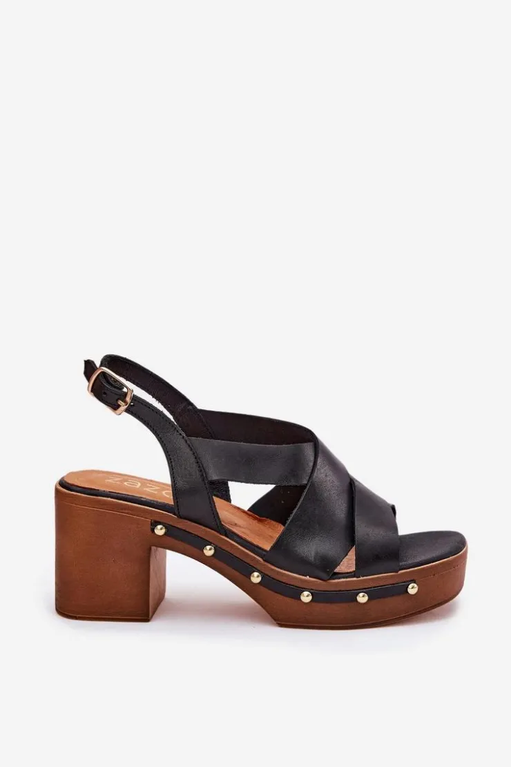 Damskie Zazoo Skórzane Sandały Na Słupku 1081 Czarne