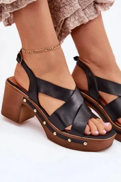 Damskie Zazoo Skórzane Sandały Na Słupku 1081 Czarne