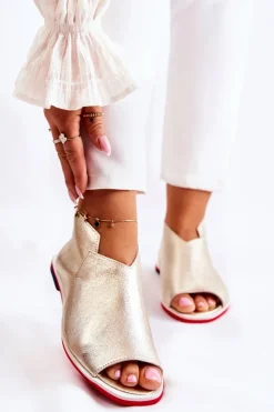 Damskie Boto Skórzane Sandały Na Suwak Złote Clorie