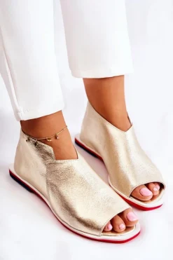 Damskie Boto Skórzane Sandały Na Suwak Złote Clorie