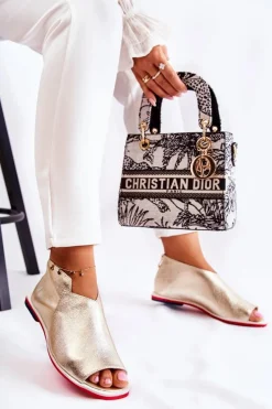 Damskie Boto Skórzane Sandały Na Suwak Złote Clorie