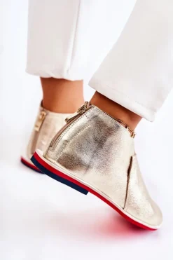 Damskie Boto Skórzane Sandały Na Suwak Złote Clorie