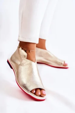 Damskie Boto Skórzane Sandały Na Suwak Złote Clorie