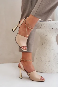 Outlet CheBello Skórzane Sandały Na Szpilce Z Ozdobną Bransoletą 4440 Beżowe Beżowy