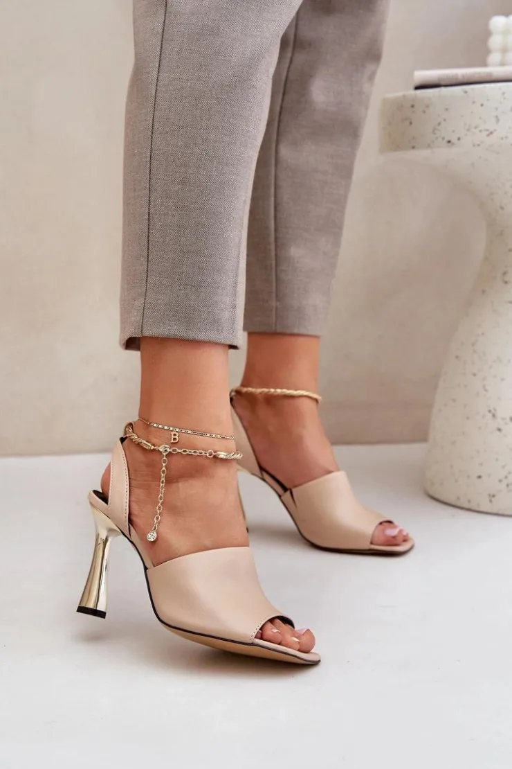 Outlet CheBello Skórzane Sandały Na Szpilce Z Ozdobną Bransoletą 4440 Beżowe Beżowy
