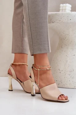 Outlet CheBello Skórzane Sandały Na Szpilce Z Ozdobną Bransoletą 4440 Beżowe Beżowy